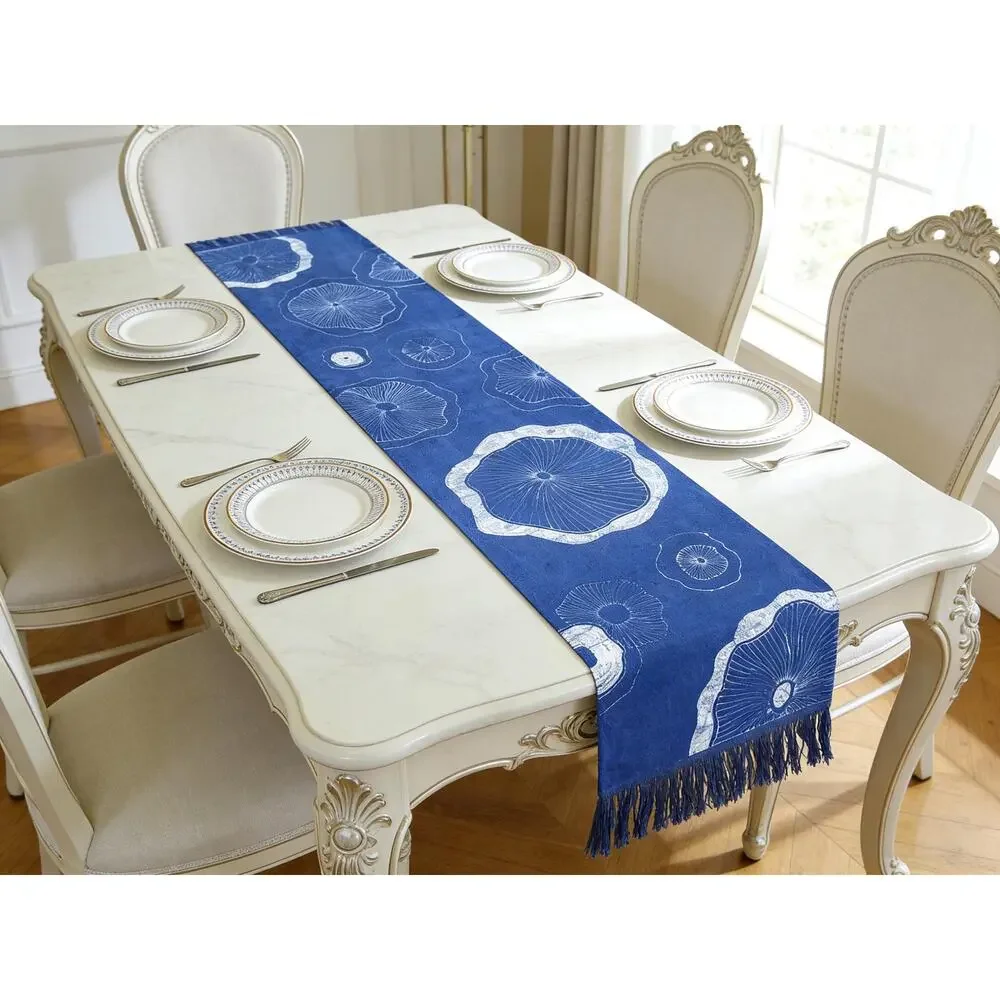 Handmade Cotton Table Runner | Indigo Batik | Lotus Decor | Botanical Dining
